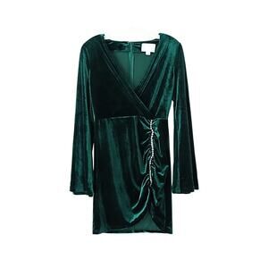 Bell Sleeve Velvet Mini Dress with Rhinestone Trim - Emerald - 6